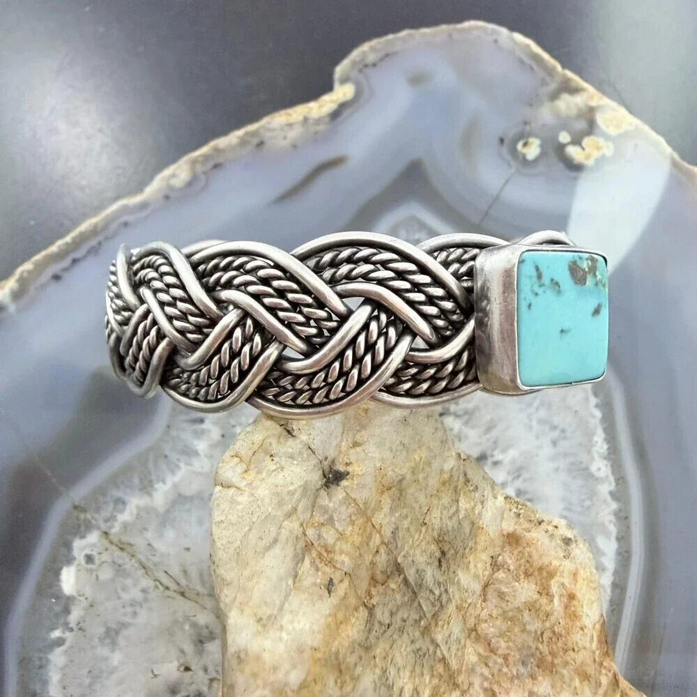 Sterling Silver Woven Rope With Square Turquoise Fashion Bracelet For Women